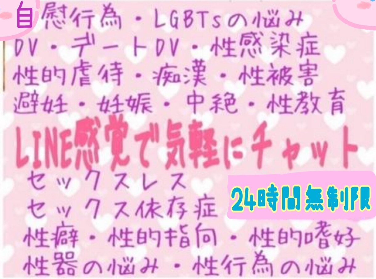 24時間無制限で、性のお悩みを真剣にお聞きします 性交渉・性癖・性被害・性感染症・性教育・レス・性的嗜好・DV イメージ2