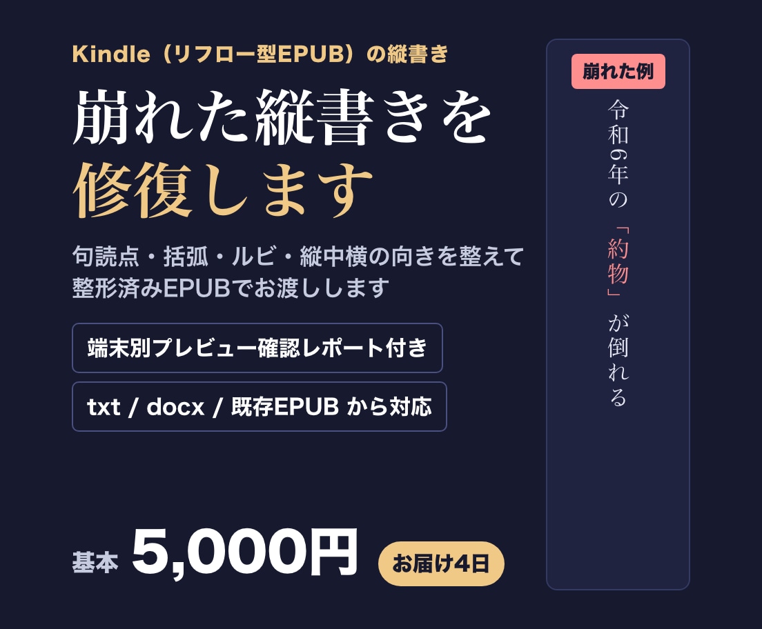 Kindle縦書きの崩れ修復・実機確認します 端末で崩れる縦書き・ルビを修復。実機プレビュー確認つきで納品 イメージ1