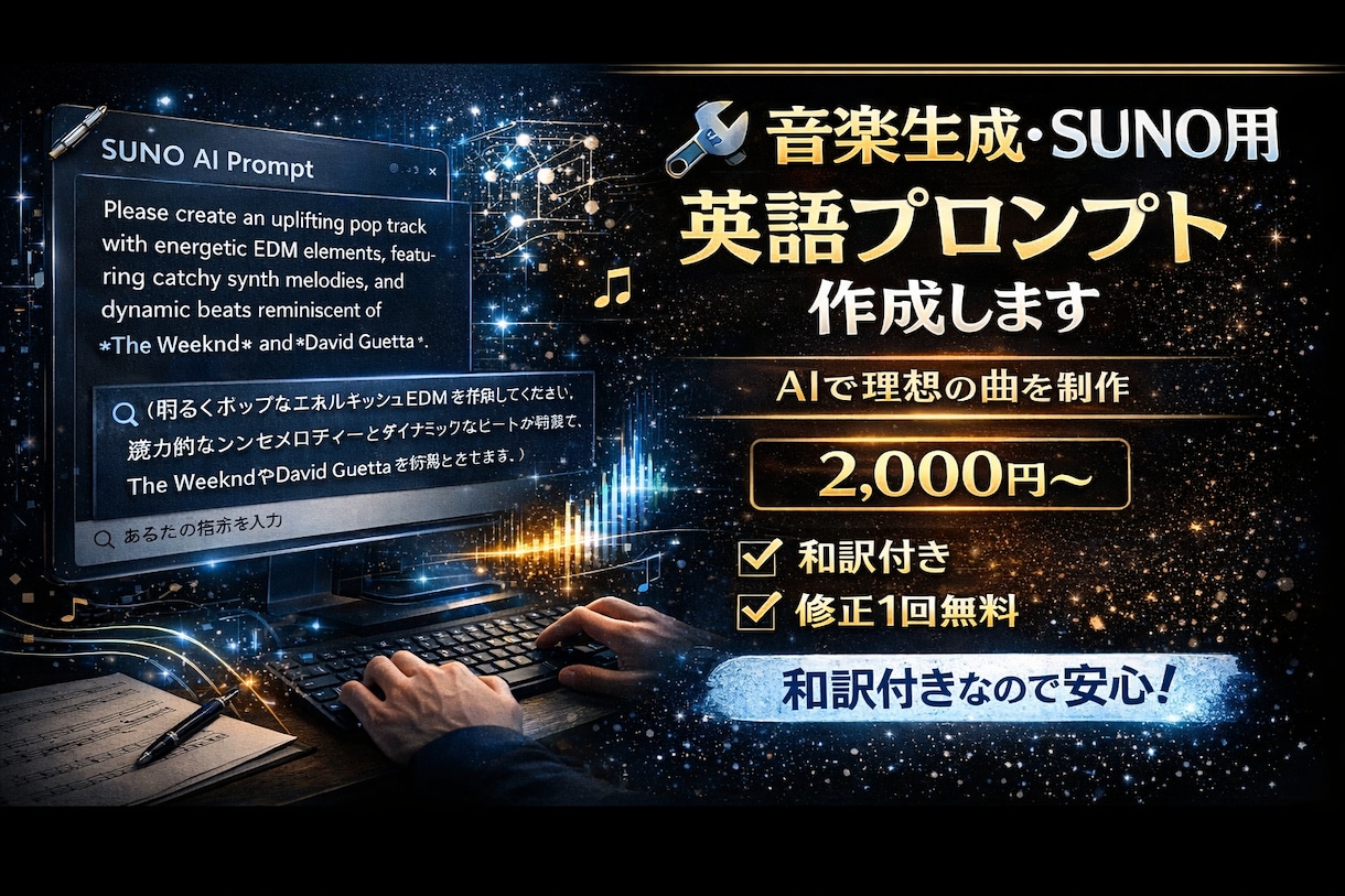 音楽生成AI・SUNO用英語プロンプト作成します SUNO用英語プロンプト作成｜AIで理想の曲に近づける イメージ1