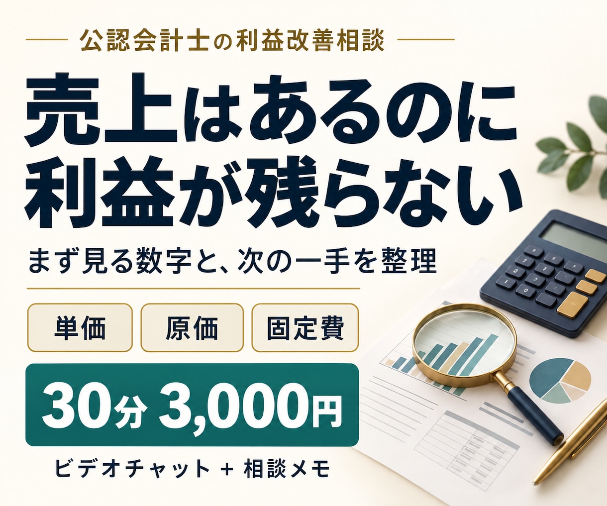 売上はあるのに利益が残らない悩みを整理します 公認会計士と30分。単価・原価・固定費から次の一手を整理！ イメージ1
