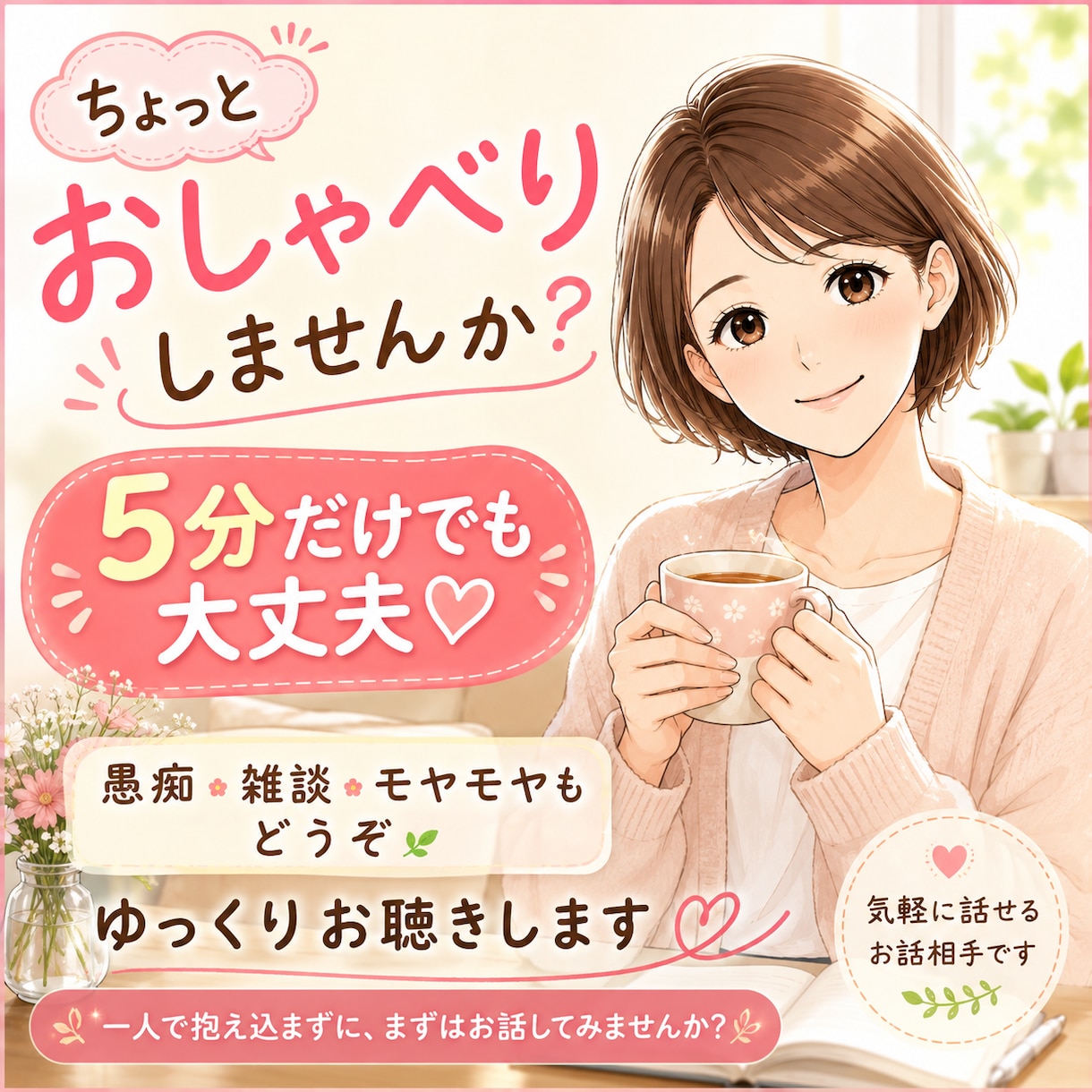 お話相手が欲しい時に。看護師が優しくお聴きします 愚痴・モヤモヤ・雑談も◎5分だけでも気軽にお話ください。 イメージ1