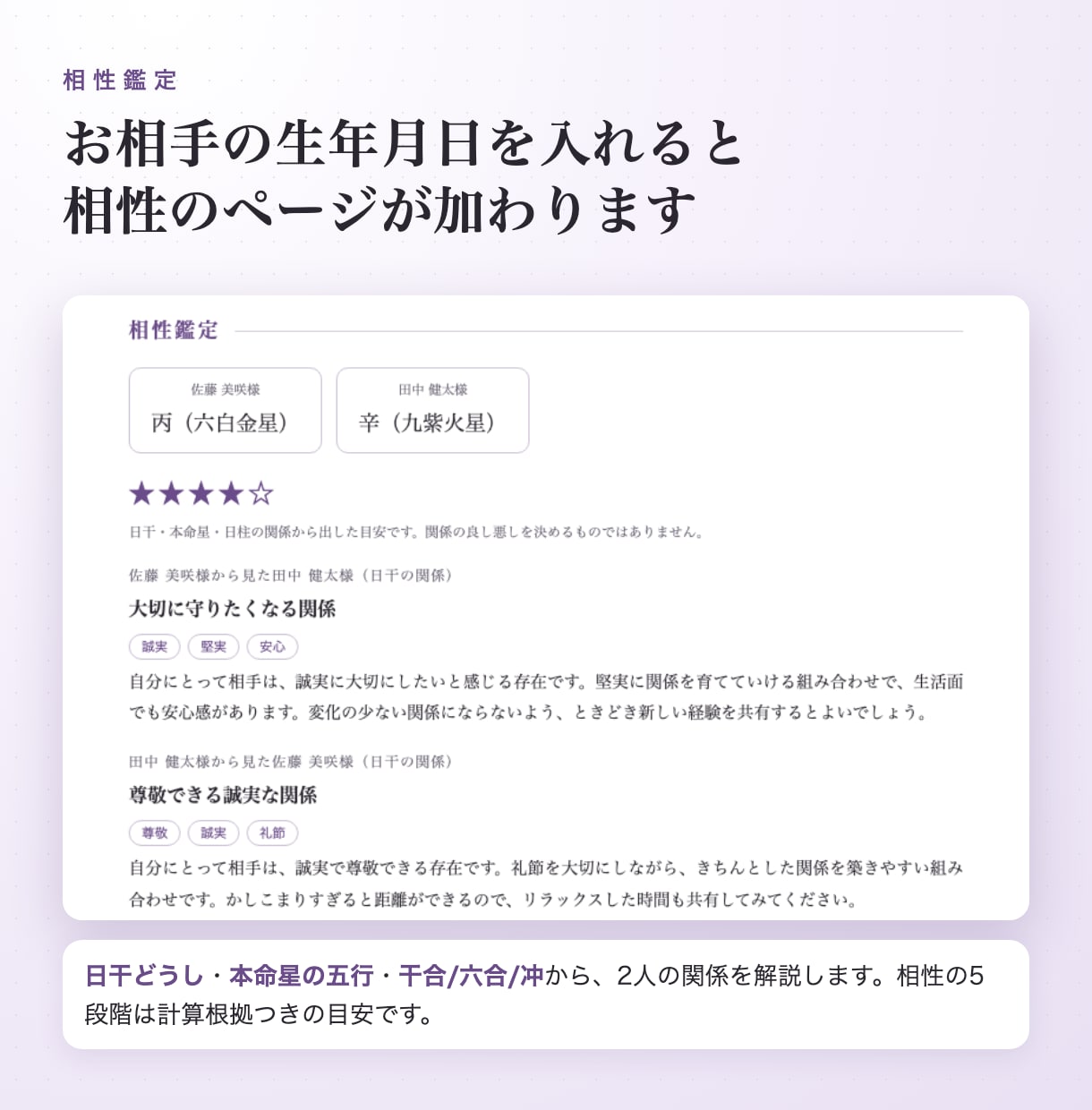 恋愛・相性鑑定つきの占い鑑定書作成ツールを売ります 生年月日から恋愛傾向と2人の相性まで鑑定書にできます イメージ4