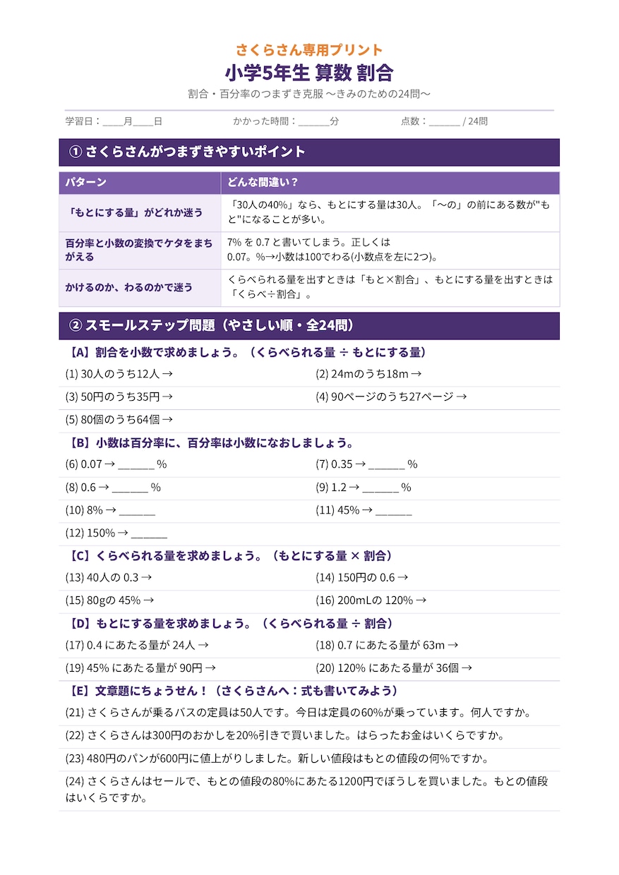 お子さん専用つまずき解消の問題集を作ります 市販ドリルが合わない子に。苦手な単元だけを狙い撃ちする問題集 イメージ4