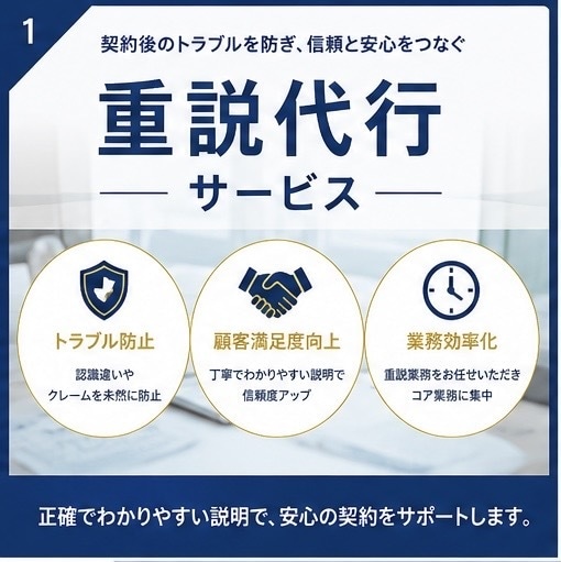 賃貸借契約後のトラブル防止へ。伝わる重説します 契約後の認識違いやトラブル防止の大切な業務、お任せください。 イメージ1