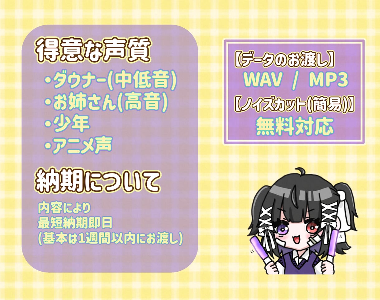 透明感のある声とよく言っていただけます 低音から高音、アニメ声まで！男女合計7役可の多声類です。 イメージ2
