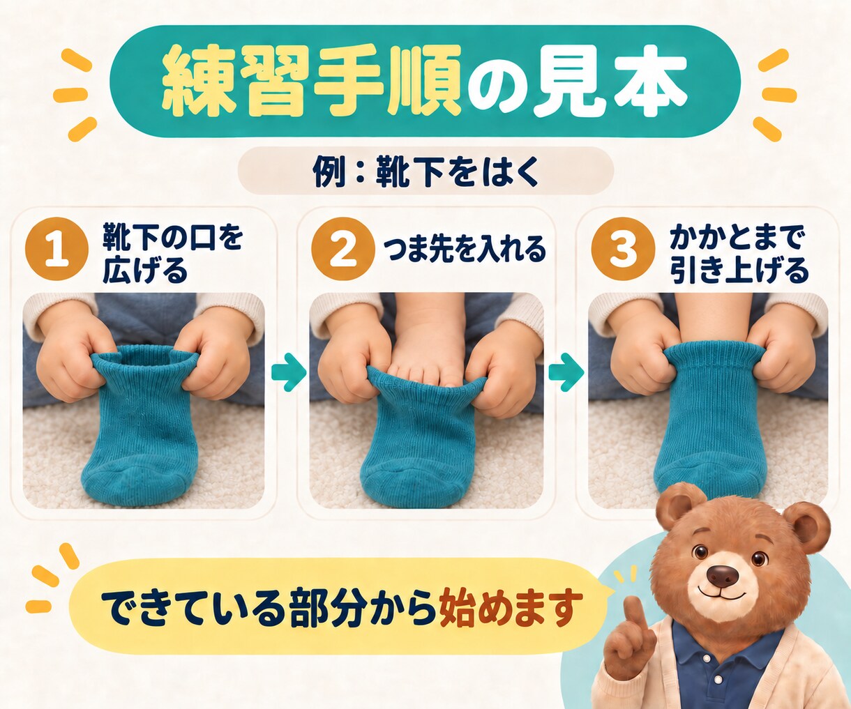 理学療法士が子どもに合う練習手順を提案します 着替え・靴・箸など、苦手な動作を一歩ずつ整理します イメージ4