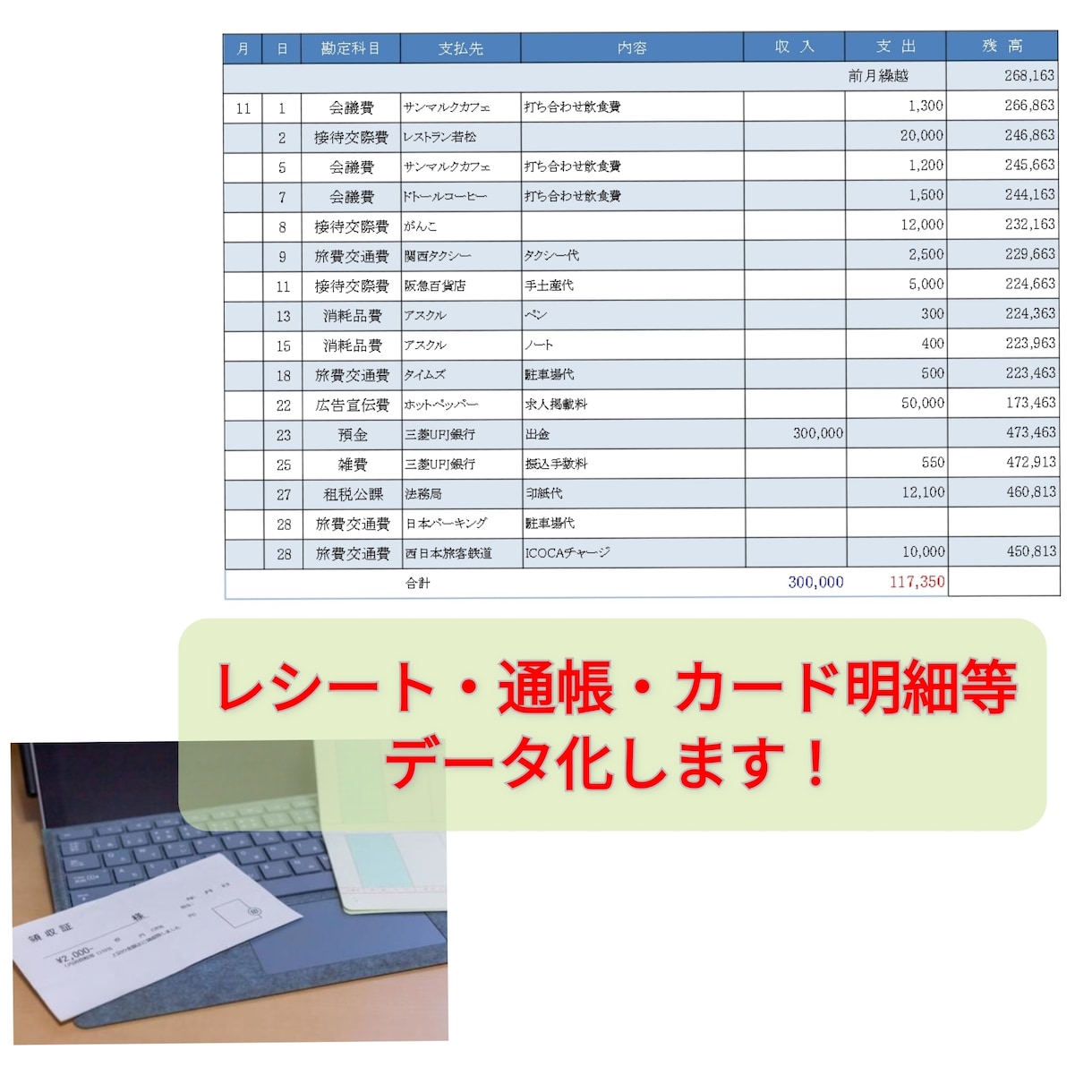 領収書など科目ごとに集計します ~200枚/1,500円☆郵送可☆整理・仕訳 イメージ1