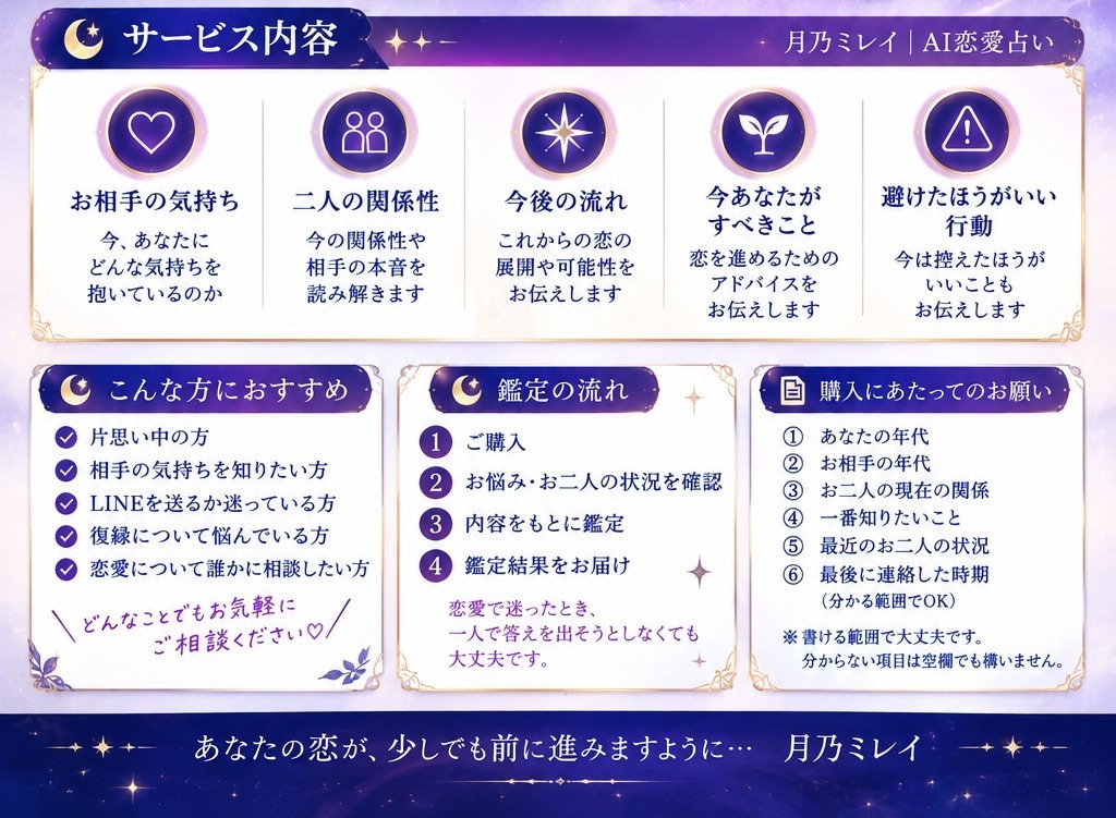 あの人の本音を読み解きます 恋愛の迷いを月乃ミレイが優しく読み解きます イメージ3