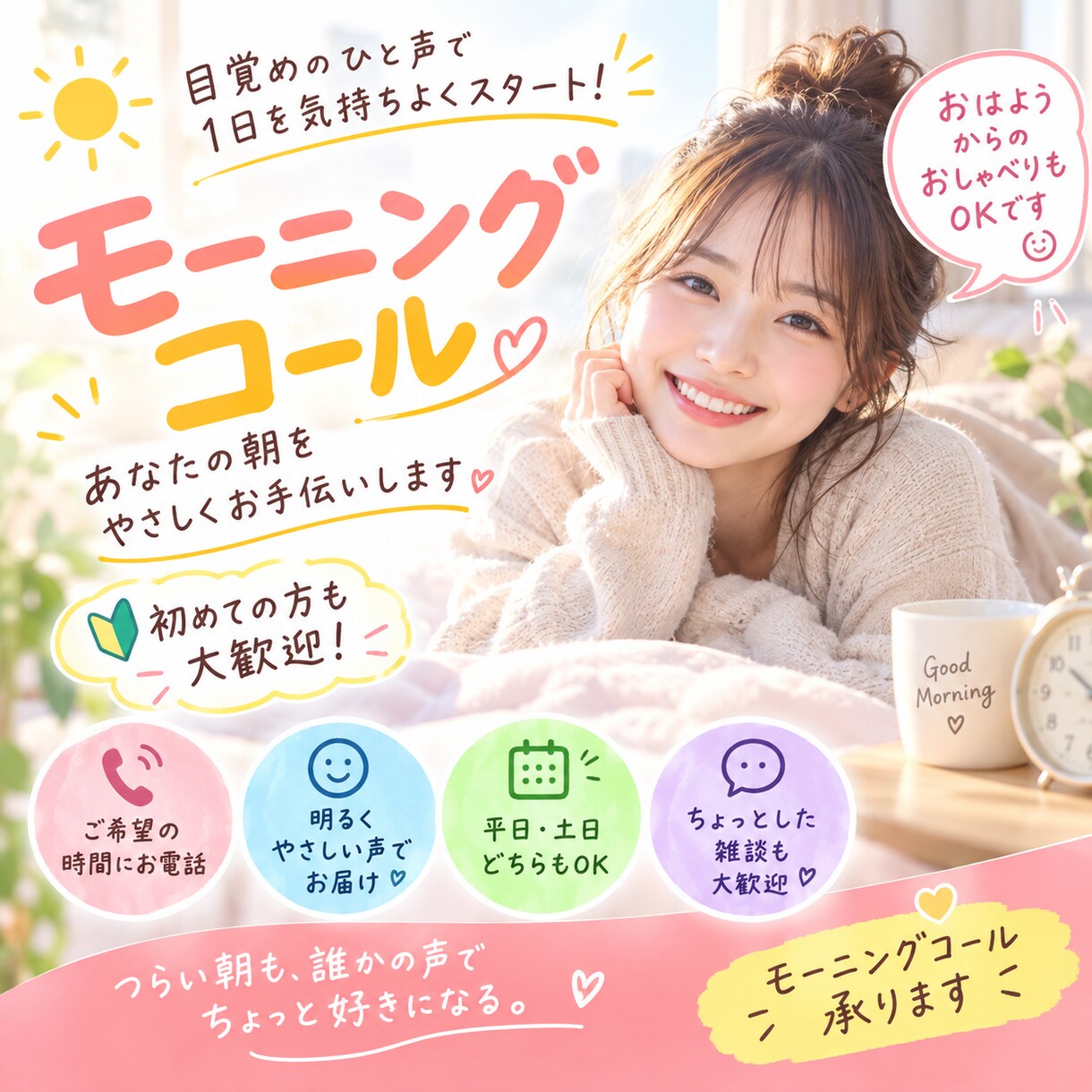 朝が苦手なあなたへ！モーニングコールします 「おはよう」の一言から、気持ちのいい朝始めませんか？ イメージ1