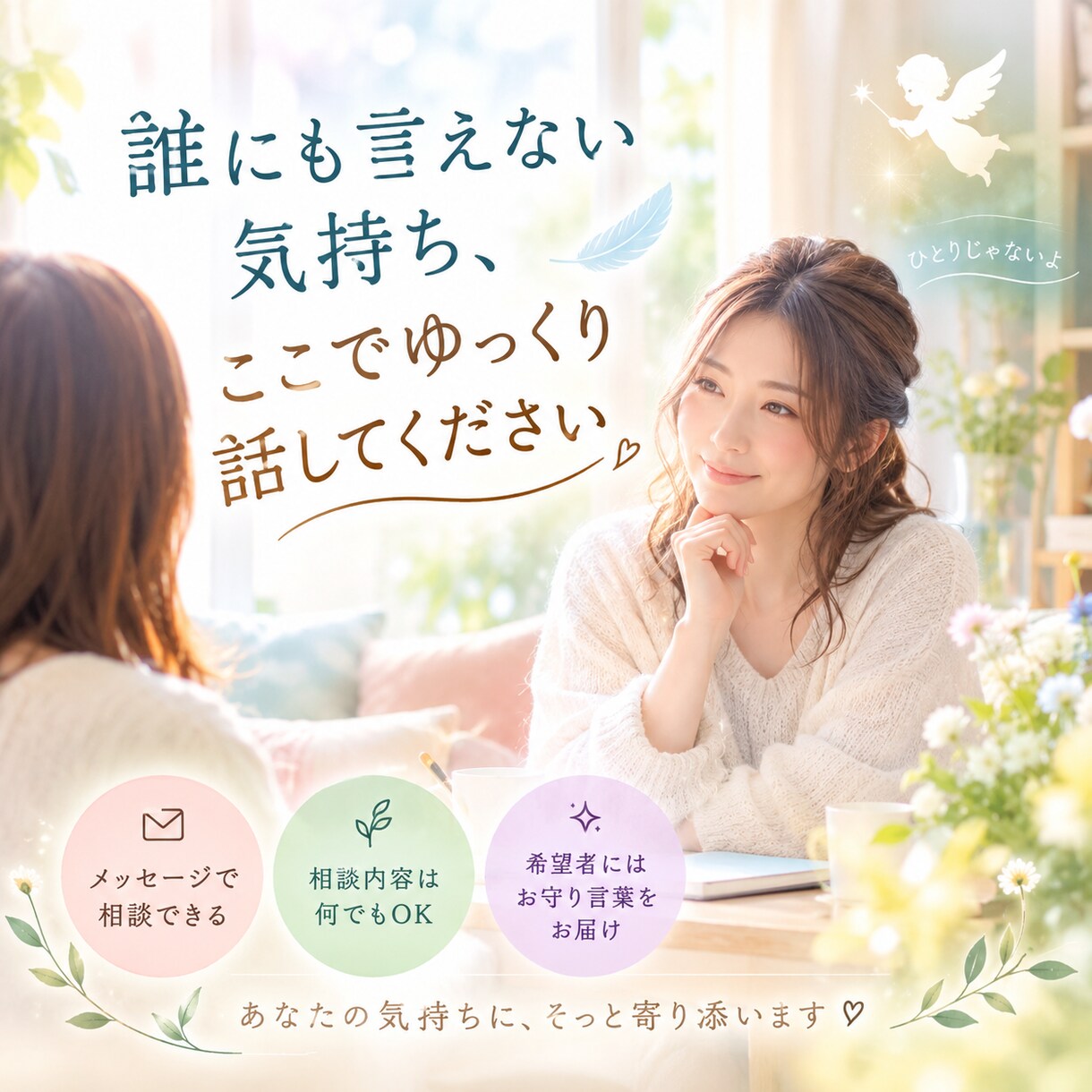 誰にも言えない気持ち、ゆっくりお聞きします 人間関係・仕事・家族など、どんな悩みでもお話ししてください。 イメージ1
