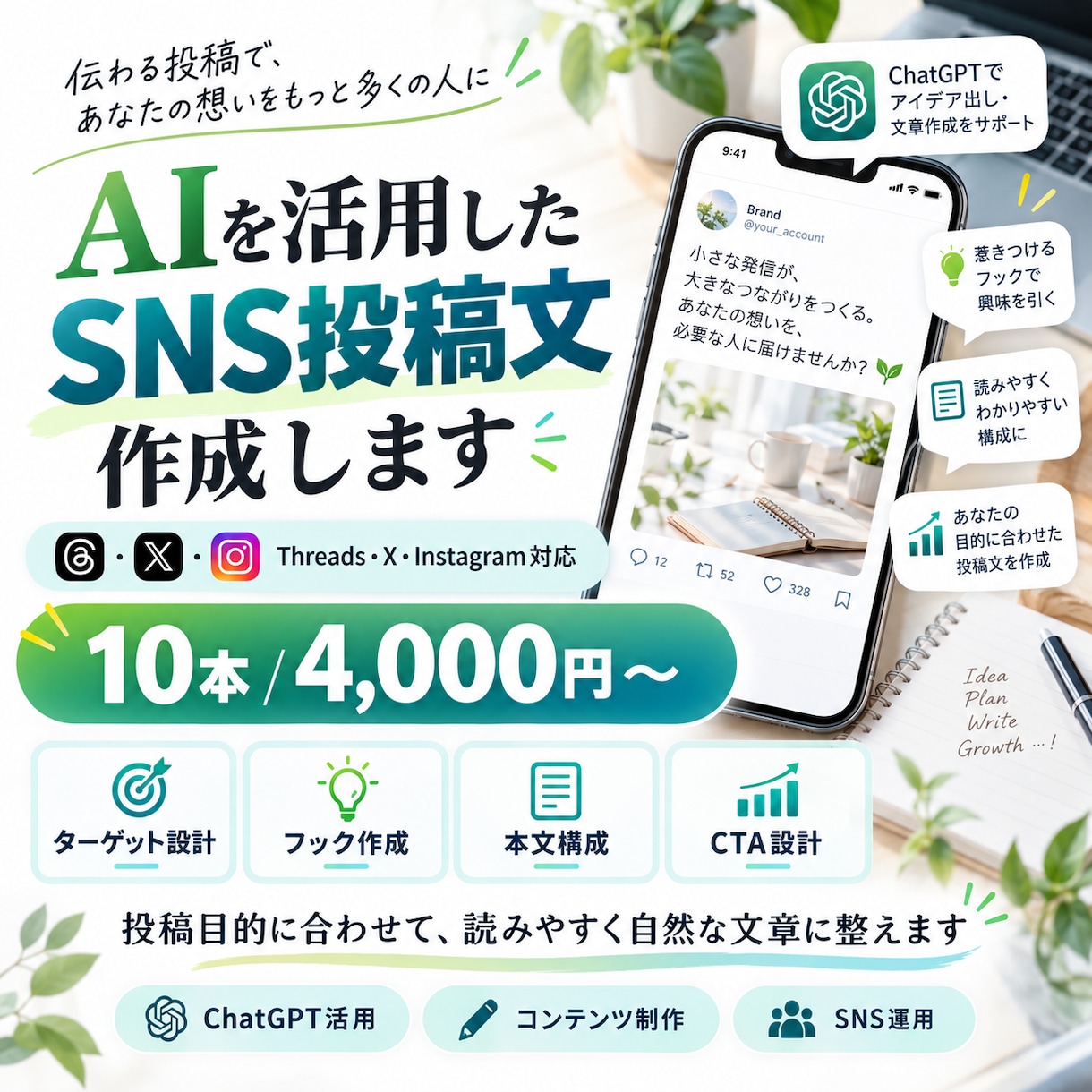 SNS投稿文を10本まとめて作成します 企画・フック・本文・CTAまでまとめて対応 イメージ1