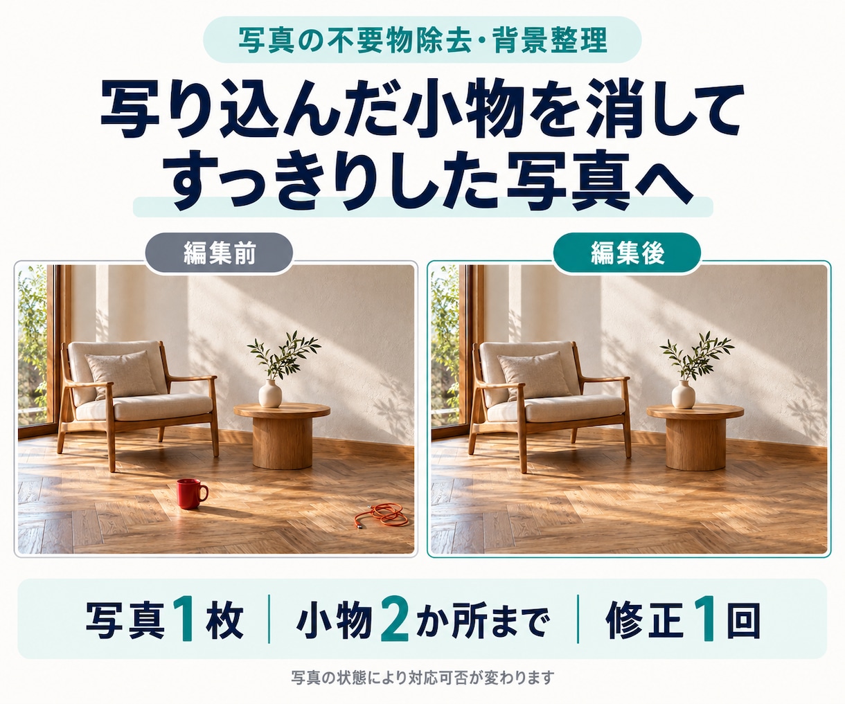 写真の不要物除去と背景整理をします 写り込んだ小物をすっきり｜写真1枚・修正1回 イメージ1