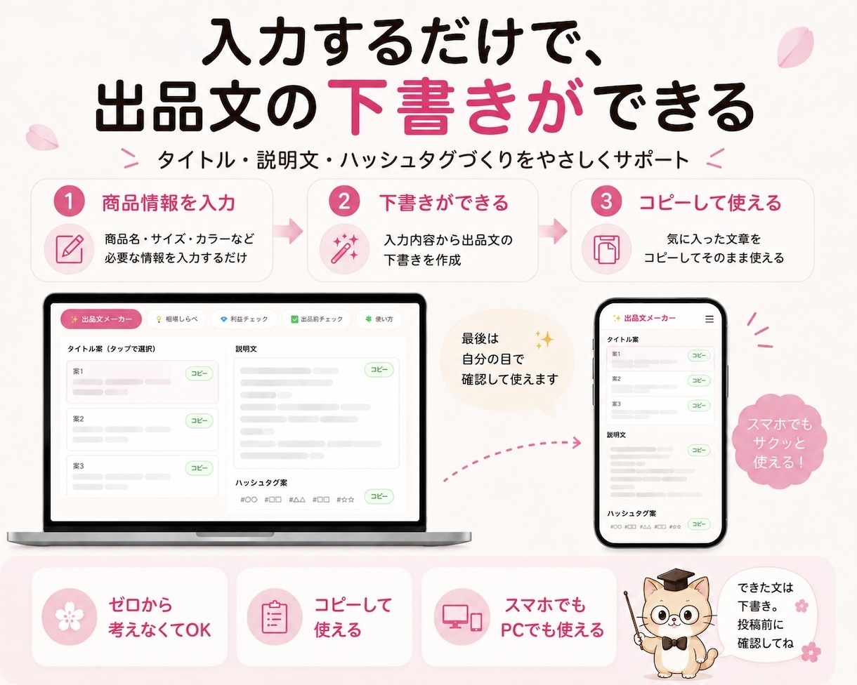 URL開くだけで出品準備が楽しくなります これ1つで説明文作り・相場しらべ・利益チェックができます イメージ4