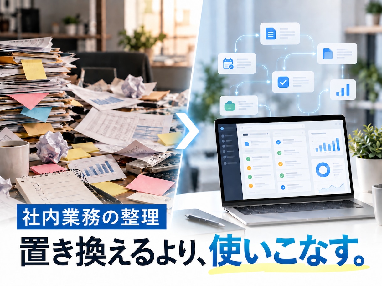 社内業務を整理してAI・ツール活用を提案します その業務、AIに渡せるかもしれません。 イメージ1