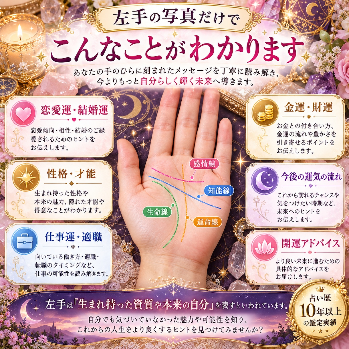 左手の写真で恋愛も仕事も未来の可能性を読み解きます 占い歴10年以上の経験をもとに左手の手相を丁寧に鑑定します イメージ2