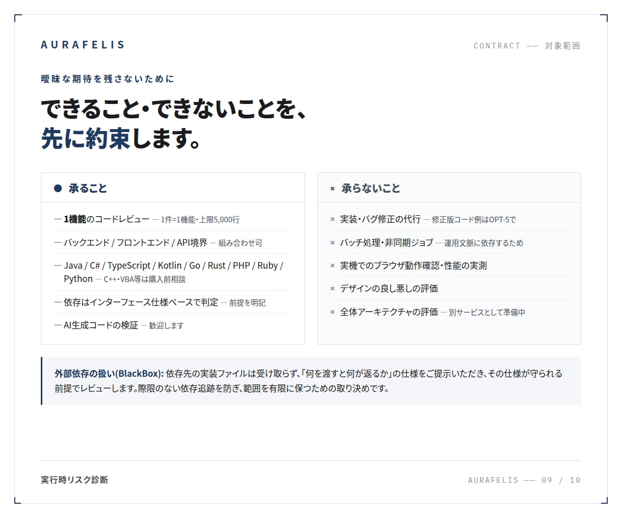 本番で壊れる前にコードの実行時リスクを診断します 金融基幹の品質基準で、本番で壊れる経路を可視化します イメージ9