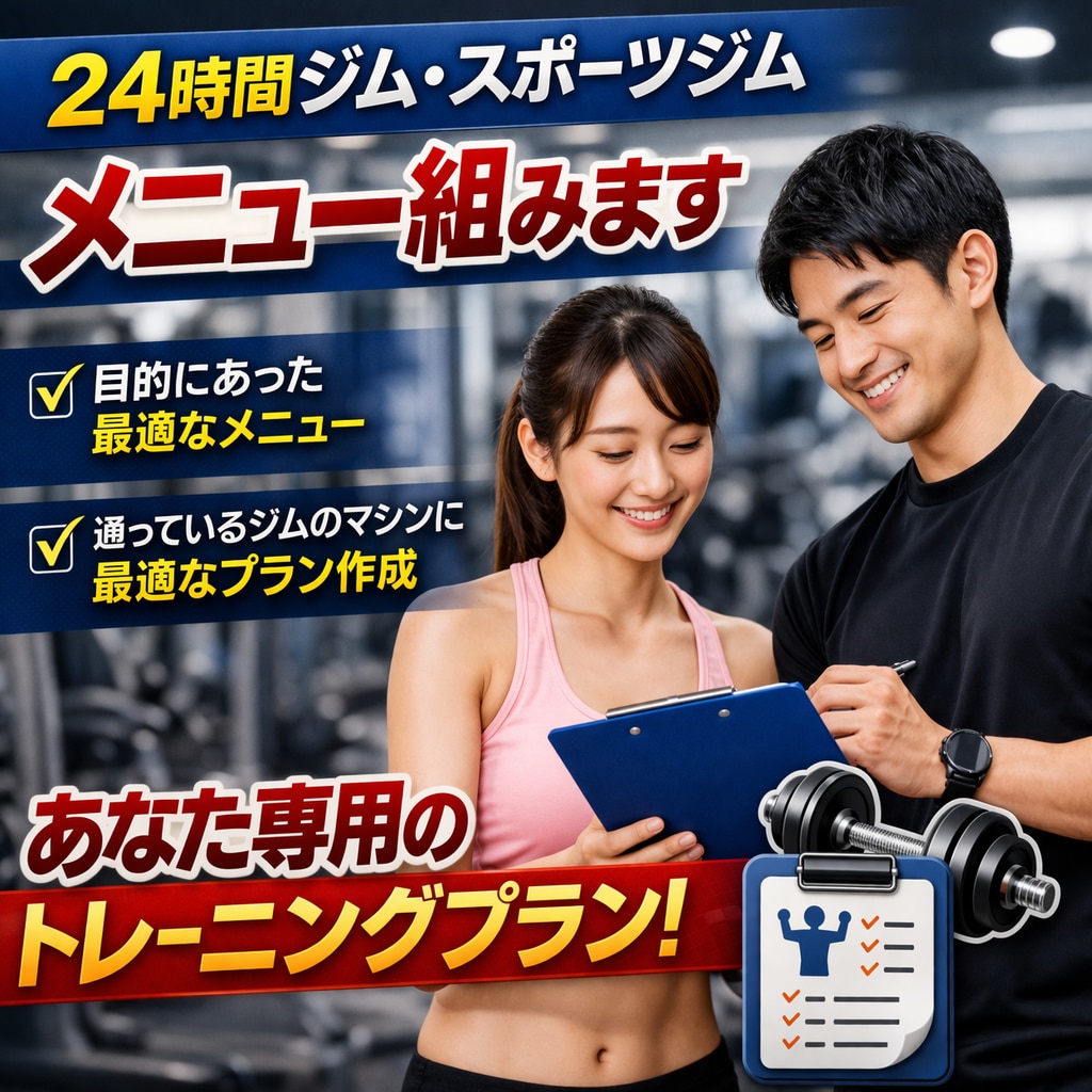 ２４時間ジムもしくはスポーツジムのメニュー組みます ジムでどのマシンをやればいいか個人差に合わせて作成します イメージ1