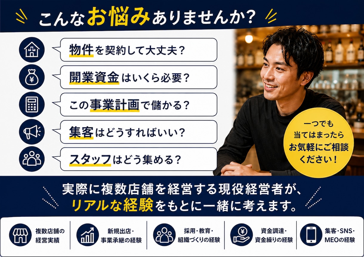 飲食店を開業したい方の相談に何でも乗ります 物件・資金・集客・採用まで現役飲食店経営者が一緒に整理します イメージ2