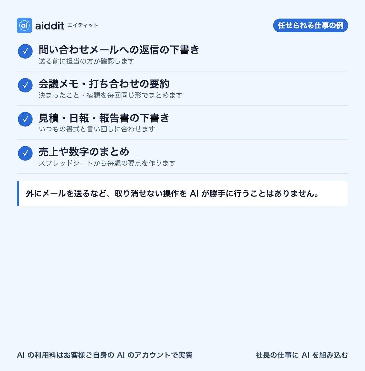 仕事を1つAIに任せる形に整えます AIが下書きし、人が確認する形にします イメージ2