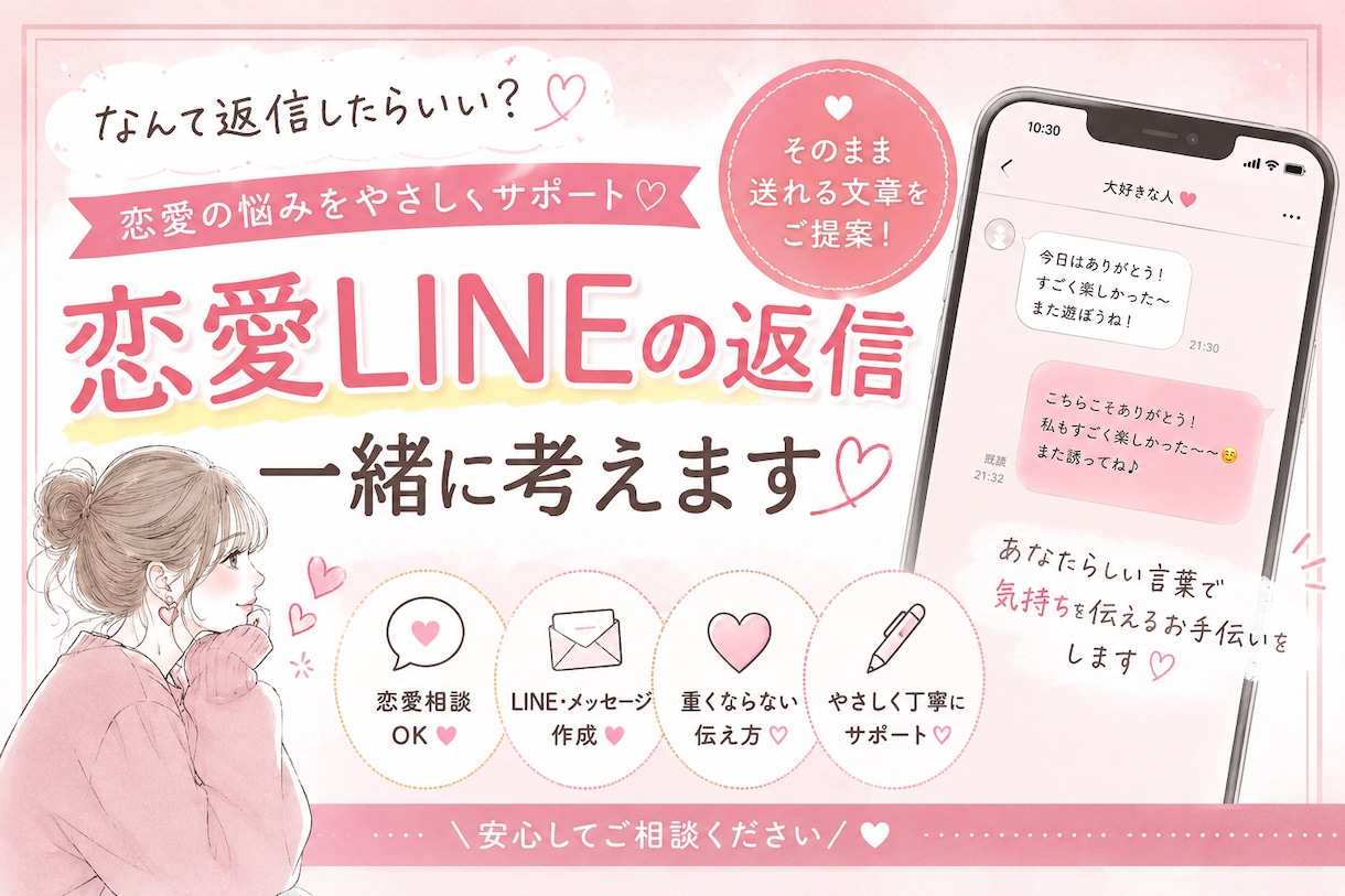 恋愛LINEの返信、一緒に考えます 「なんて返信したらいい？」を一緒に解決します イメージ1