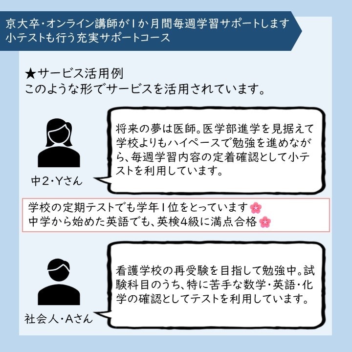 京大卒オンライン講師が1か月毎週学習サポートします 小テストも行う充実サポートコース イメージ5