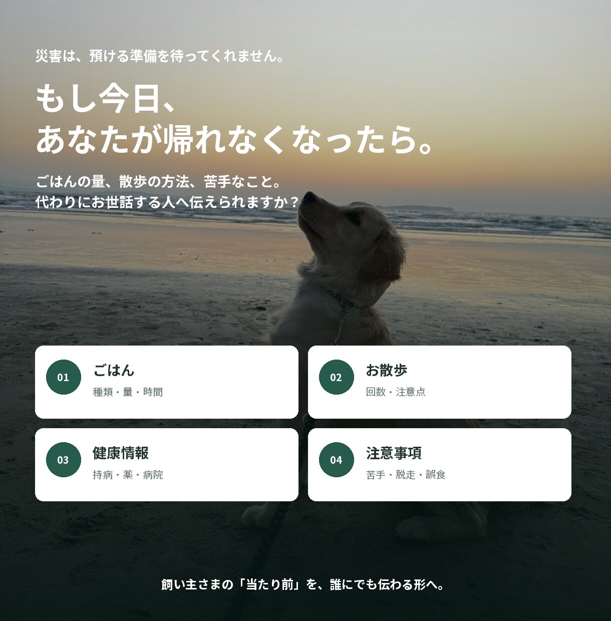 もしもの時のペット専用引継ぎ書を作ります 質問に答えるだけで入院・災害・急な預け入れの備えが完成します イメージ4
