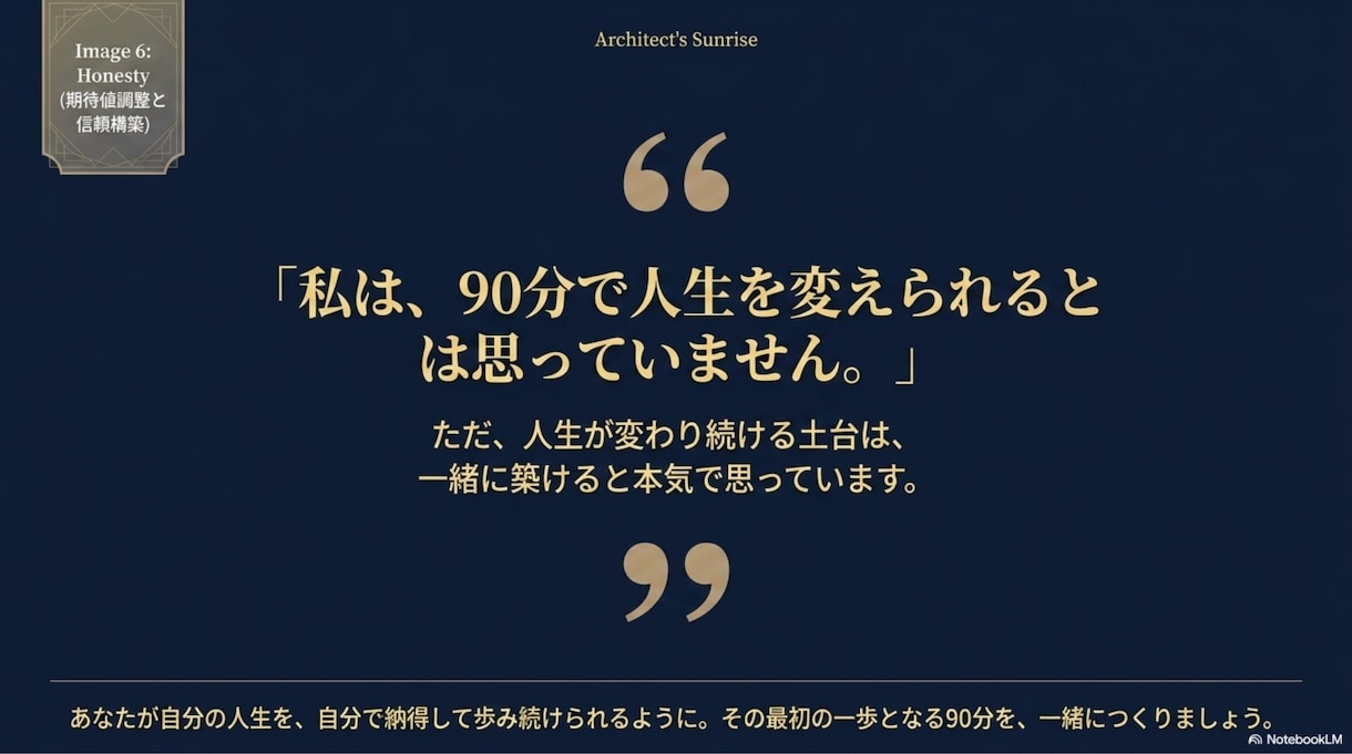 人生が変わり続ける土台を築く90分を提供します 人生の判断基準となる「自分創造設計図」を一緒に作ります イメージ6