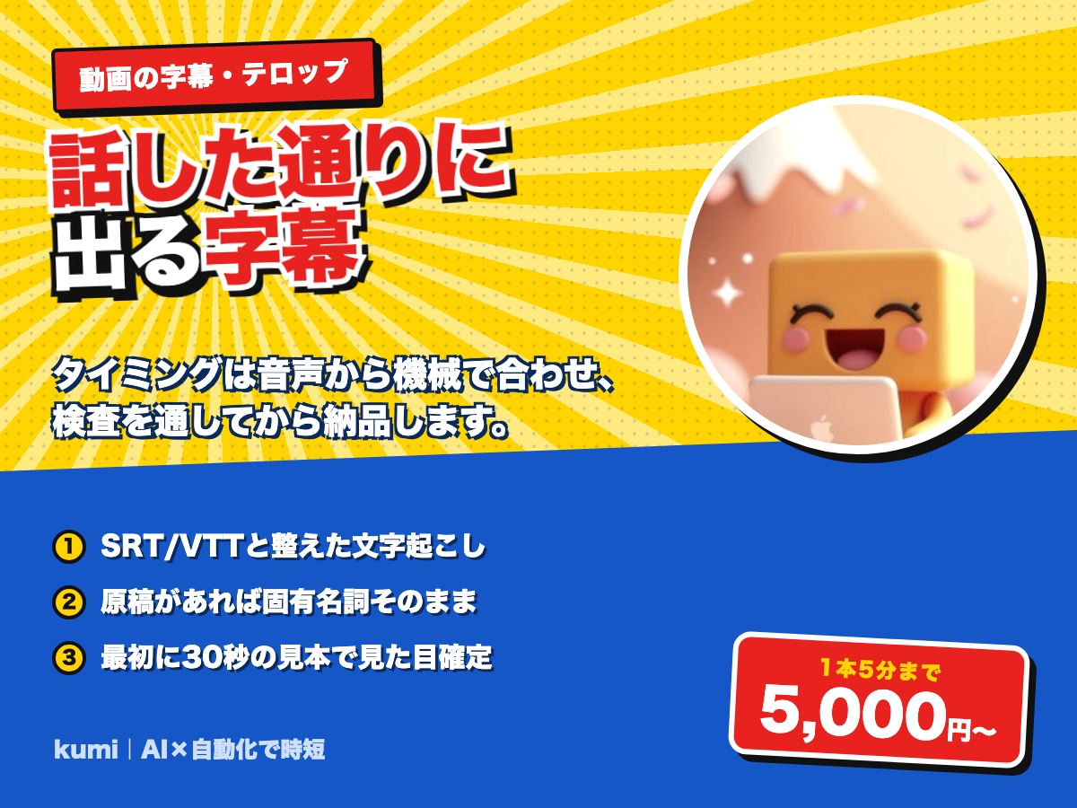 あなたの動画に音声ぴったりの字幕を入れます 音声と同じタイミングで出る字幕を、機械検査つきで納品します イメージ1