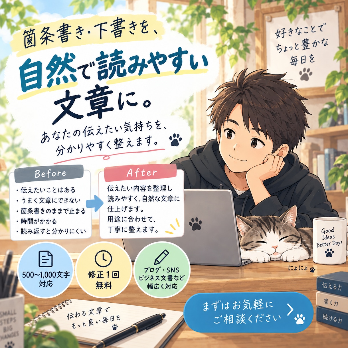 箇条書きや下書きを読みやすい文章に整えますます メモを送るだけ。伝わる文章に丁寧に整えます イメージ1