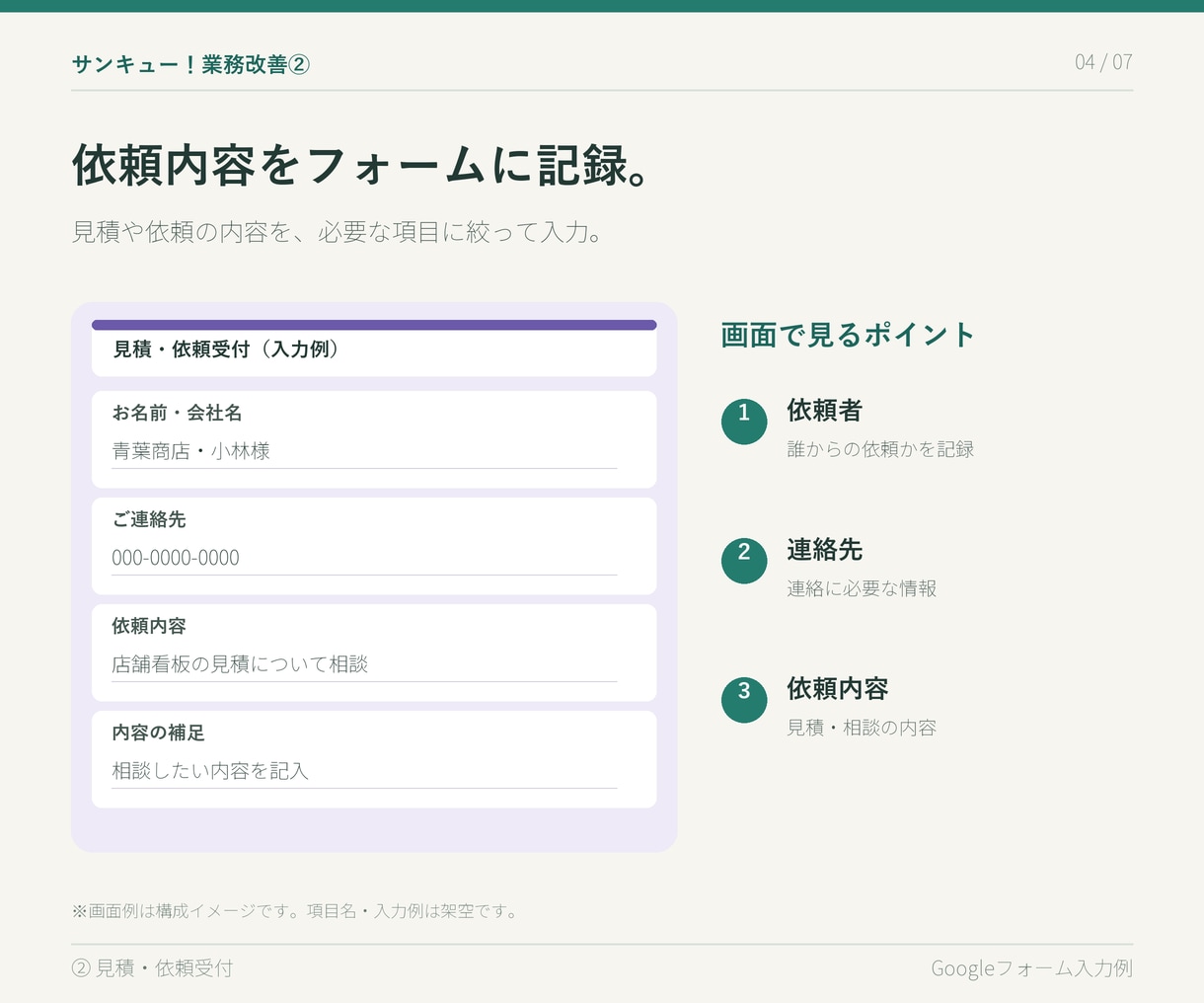 サンキュー！業務改善②見積・依頼を管理します 見積や依頼をフォームで受け付け、一覧で共有できます。 イメージ5