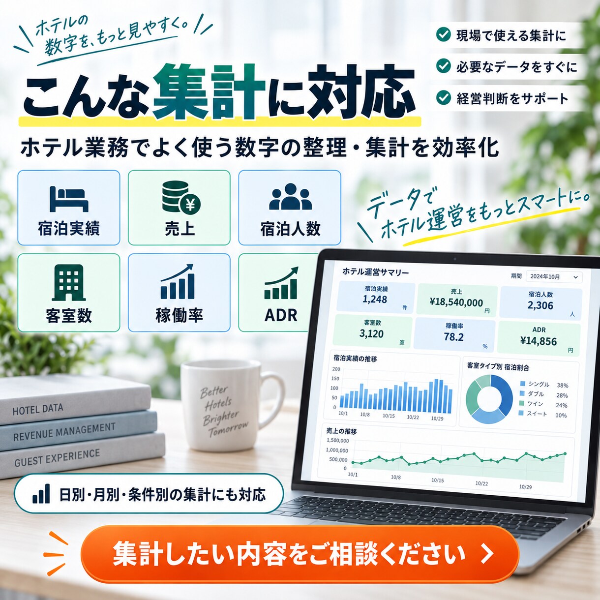 ホテルのPMS・CSVをExcelで自動集計します 予約・売上・宿泊実績など毎日の集計作業を効率化 イメージ5