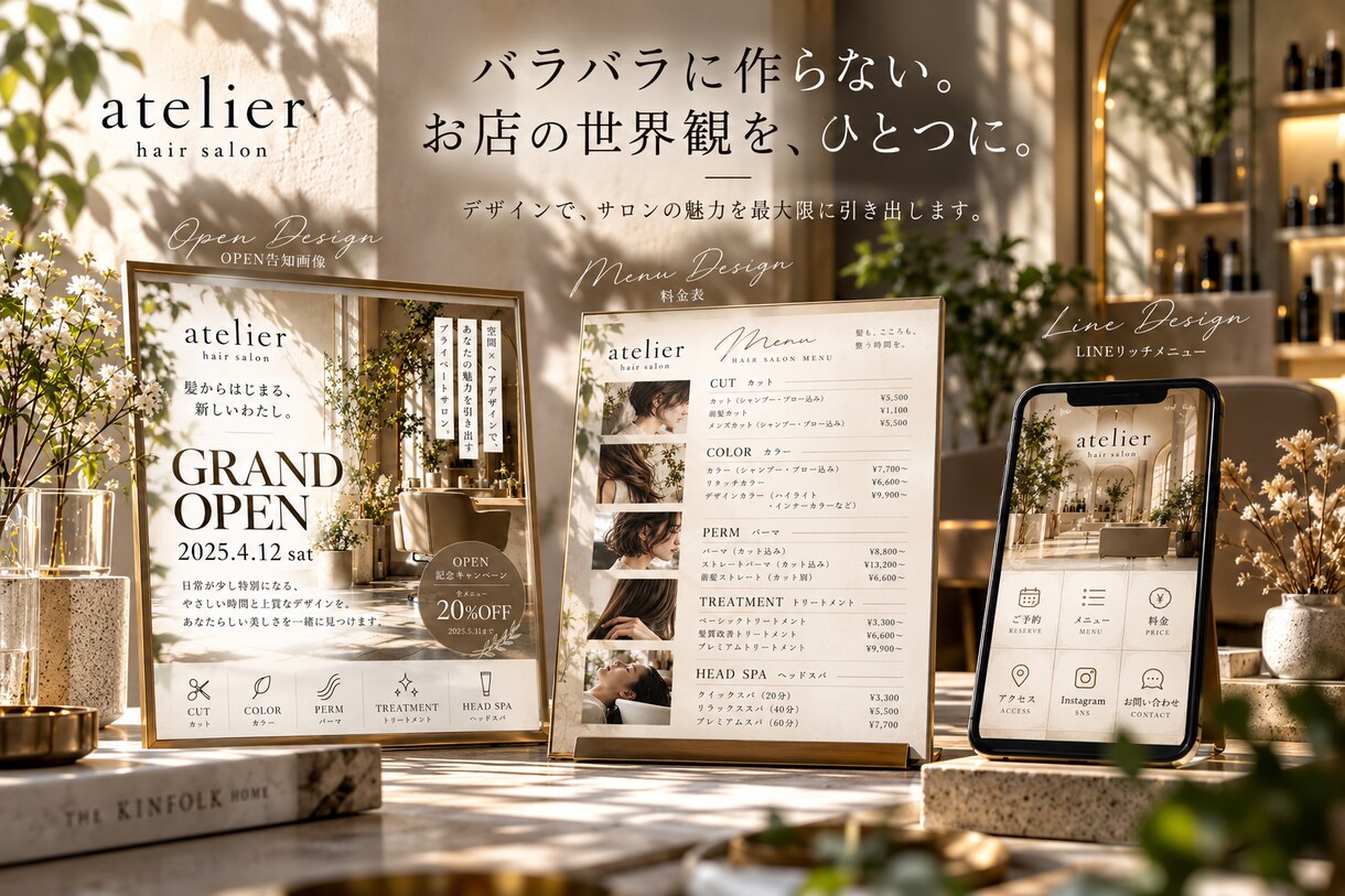 小さなサロンのOPENデザインをまとめて作ります OPEN告知・料金表・LINEを1つの世界観でデザインします イメージ5