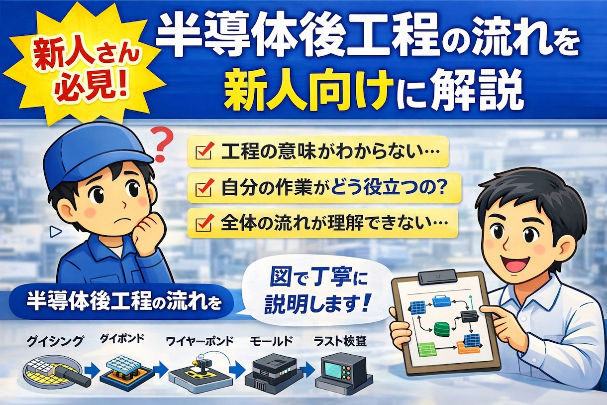 半導体工場新人向け後工程の流れ解説します 工程の意味や仕事の流れを18年経験でわかりやすく説明 イメージ1