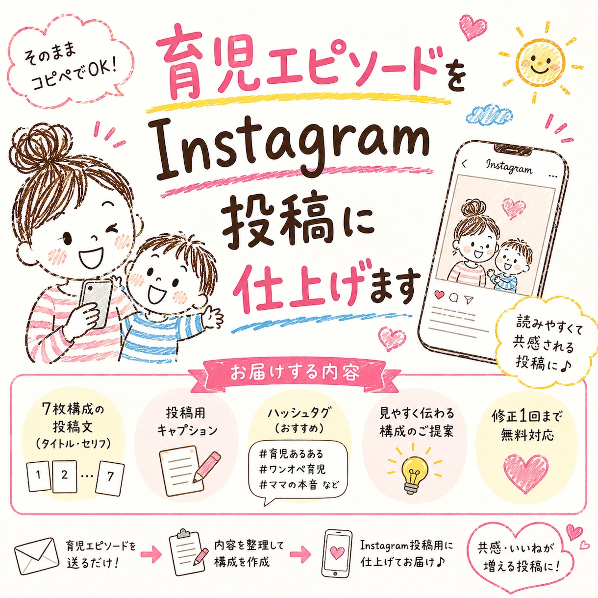 育児エピソードをInstagram投稿に仕上げます 育児あるあるを7枚構成の投稿に イメージ1
