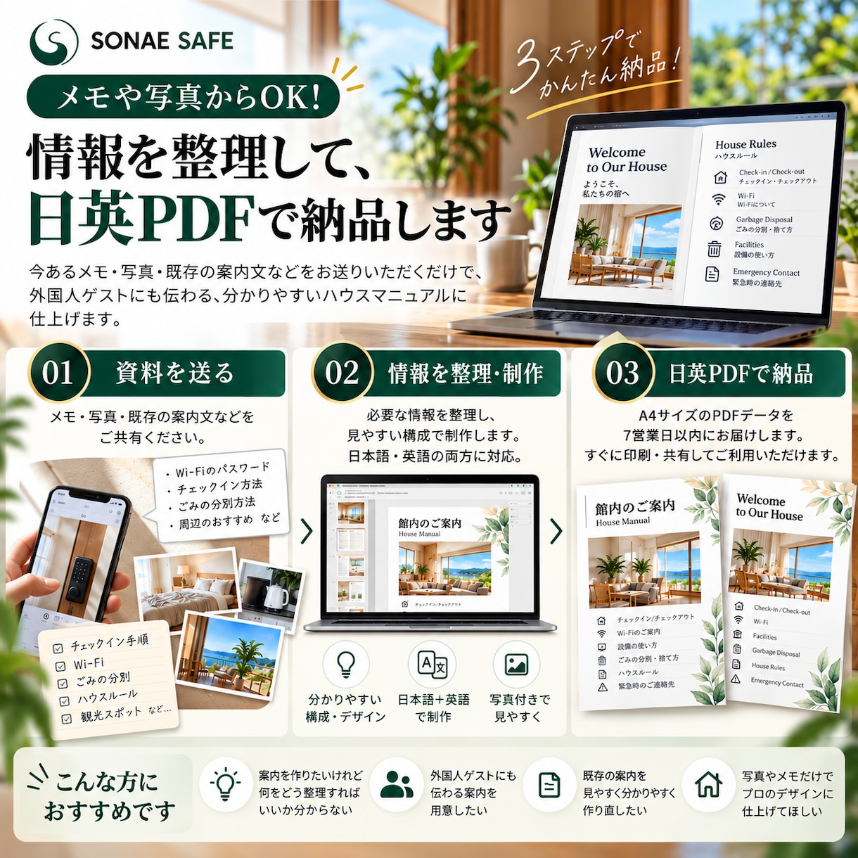 民泊・一棟貸しの日英ハウスマニュアルを作ります メモや写真から整理し、日英PDFを7営業日で納品 イメージ2