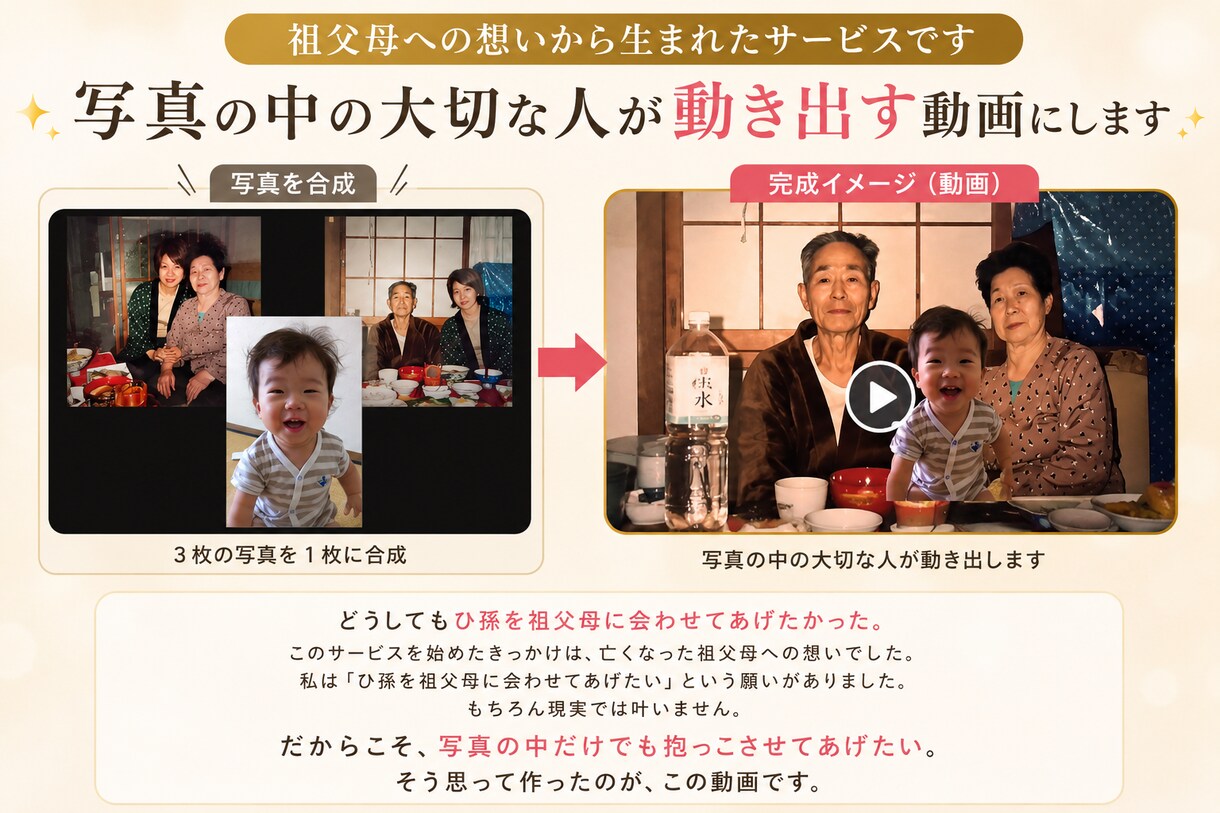 古い写真を感動の動画に蘇らせます 写真の中の人物が動き出す感動をお届けします イメージ5
