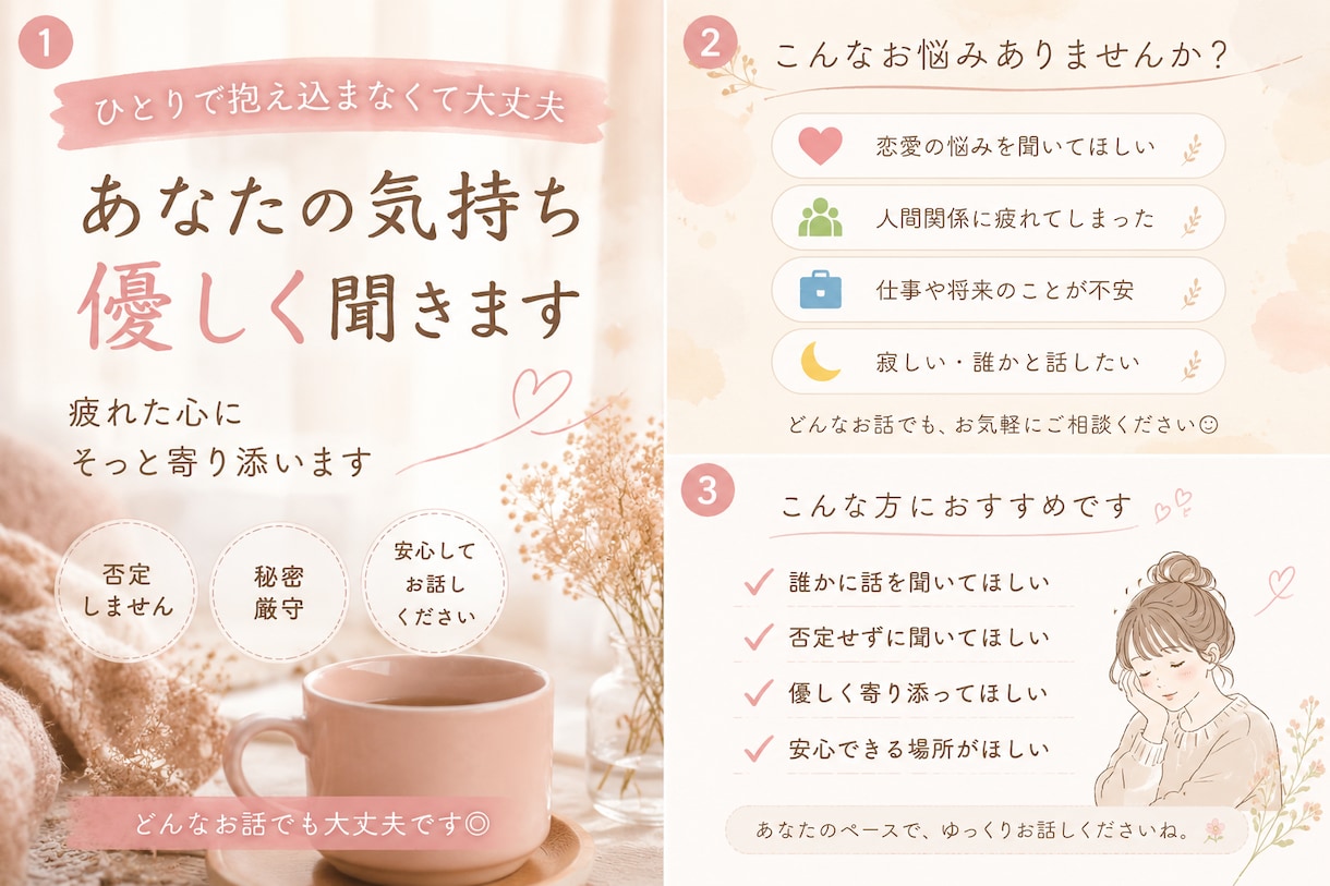 優しくお話聞きます 話すだけでも大丈夫。あなたの味方です イメージ1