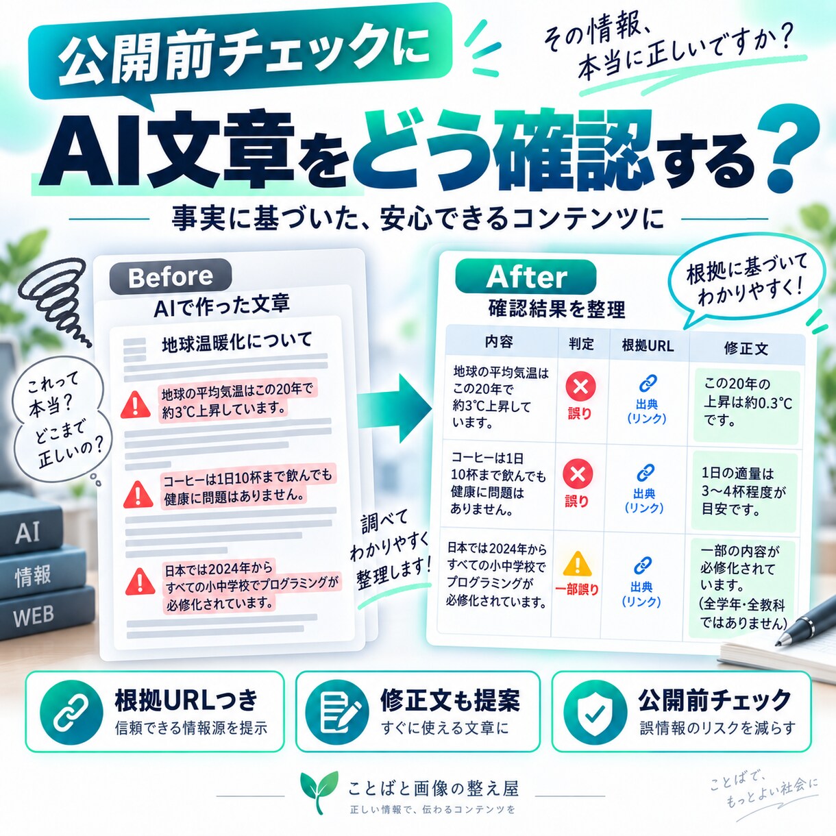 AI生成文章を出典付きで確認します 誤情報をチェックし根拠URLと修正文をまとめます イメージ2