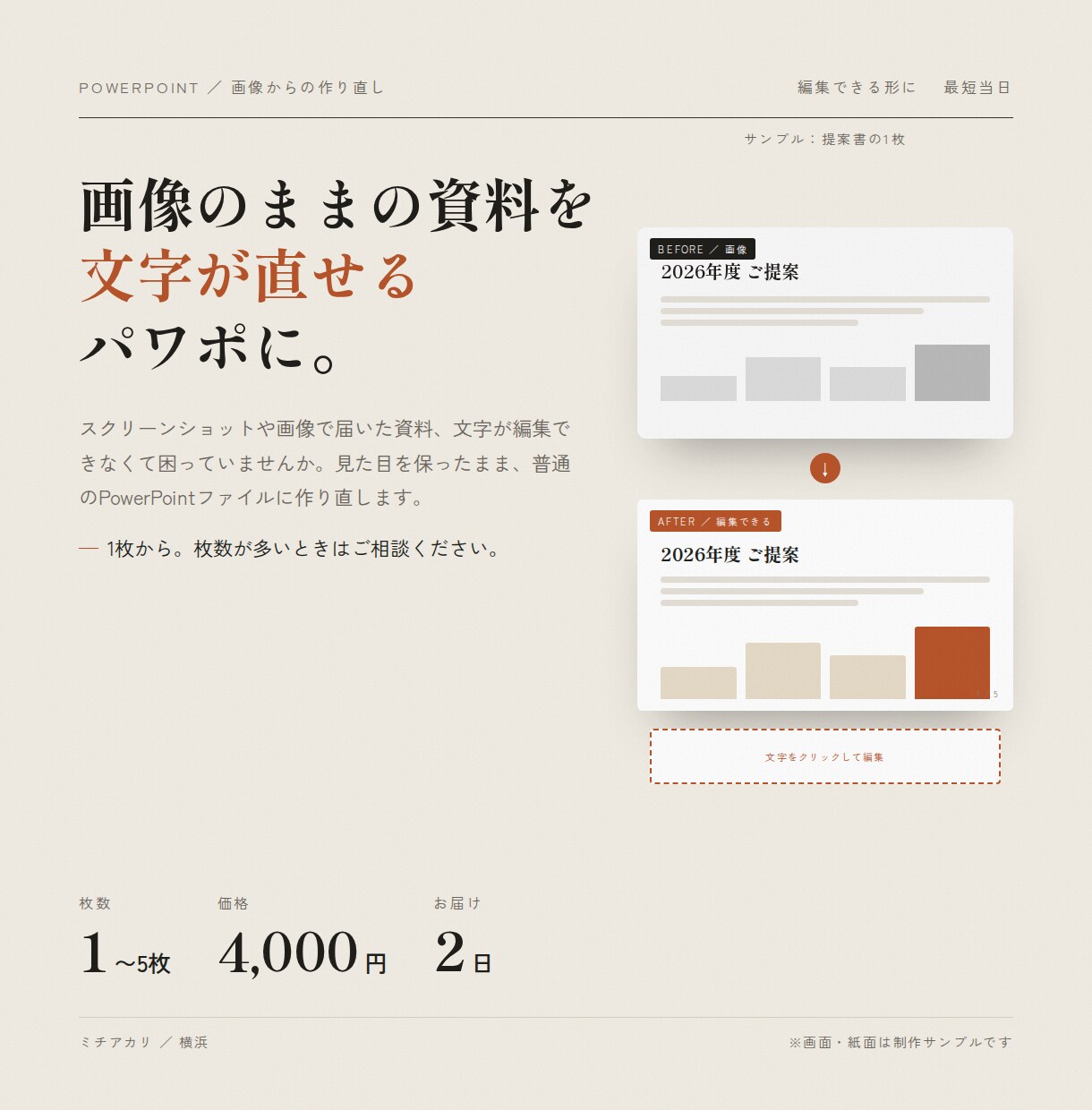 画像の資料を、編集できるパワポに直します 文字が直せない画像の資料を、普通のPowerPointに イメージ1