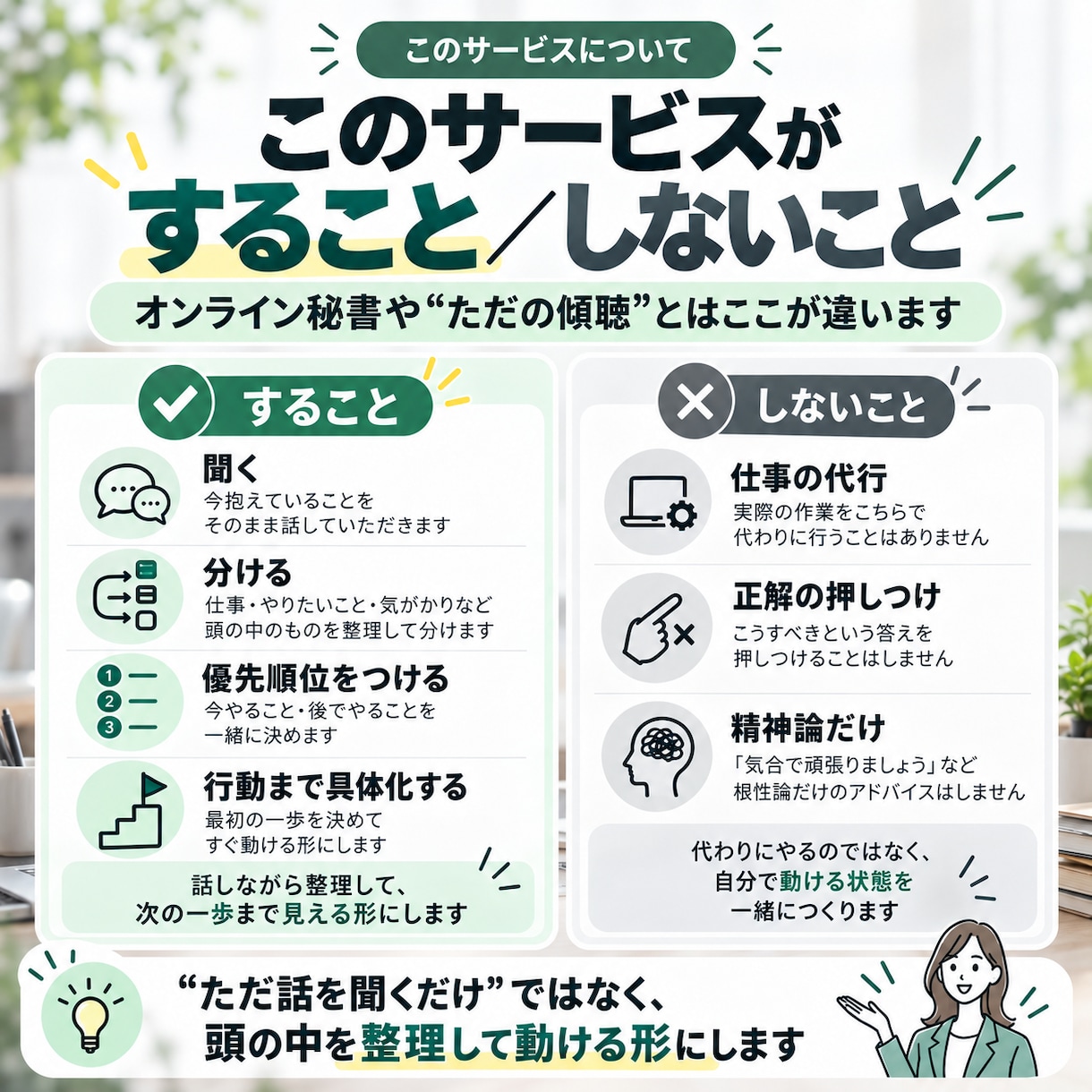 仕事のタスクと優先順位を一緒に整理します ごちゃごちゃのままで大丈夫。最初の一歩まで一緒に整理します イメージ6
