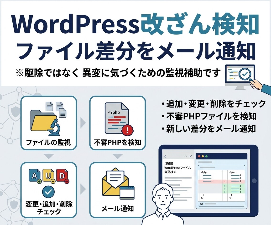 WordPressに改ざん検知システムを導入します ファイル改ざんや不審PHPの配置を検知して、メール通知！ イメージ2