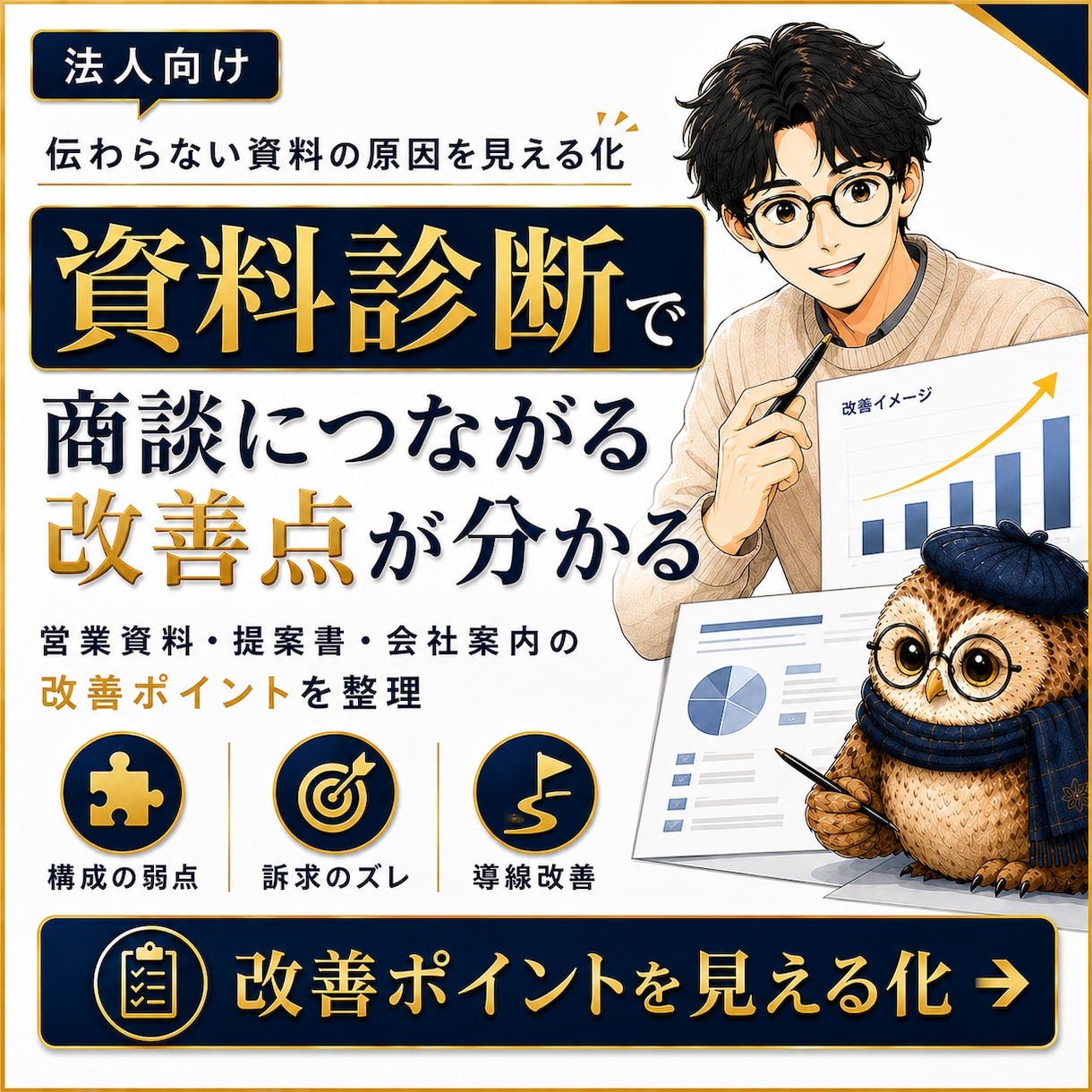 営業資料・提案書・会社案内の改善点を診断します 商談・成約につながらない原因を、資料診断で見える化します イメージ1