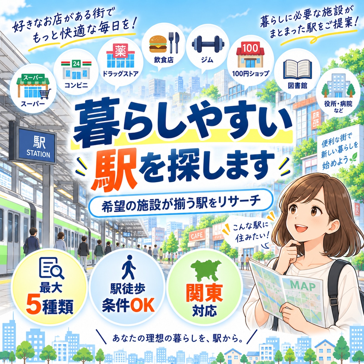 住みやすい駅を生活施設から紹介します 日頃使うチェーンや公共施設がまとまった駅を紹介します イメージ1