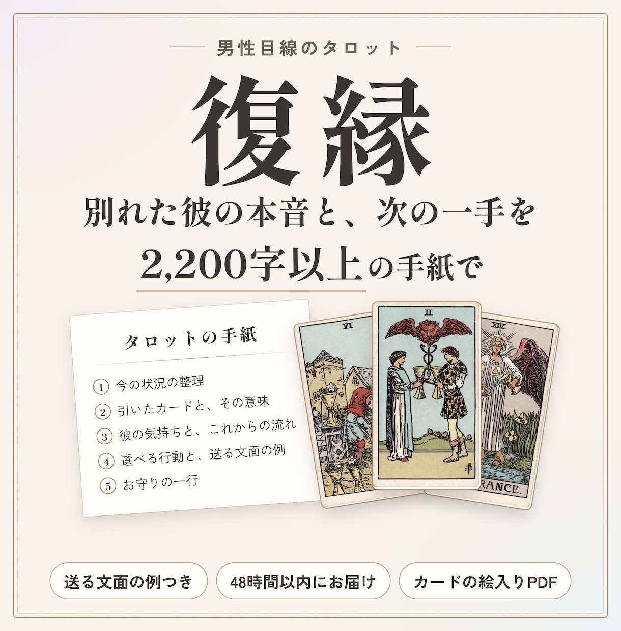 復縁｜別れた彼の本音と次の一手を男性目線で占います 音信不通・既読無視にも。送る文面の例つき2200字以上の手紙 イメージ1