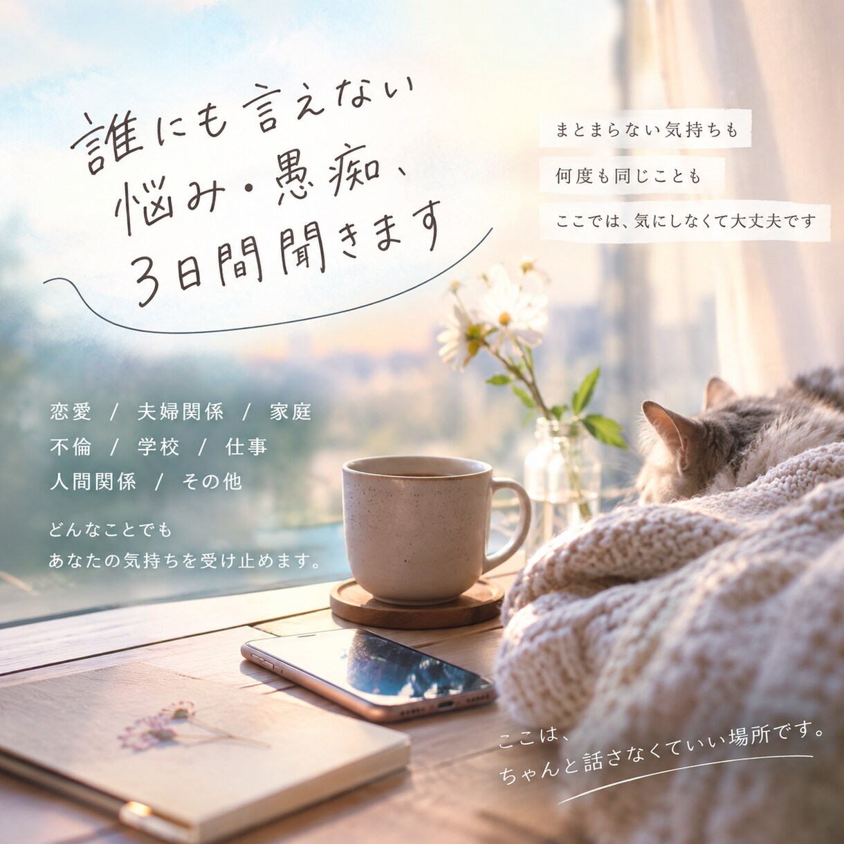 誰にも言えない悩み・愚痴、3日間聞きます あなたのペースでゆっくりお話しください イメージ1