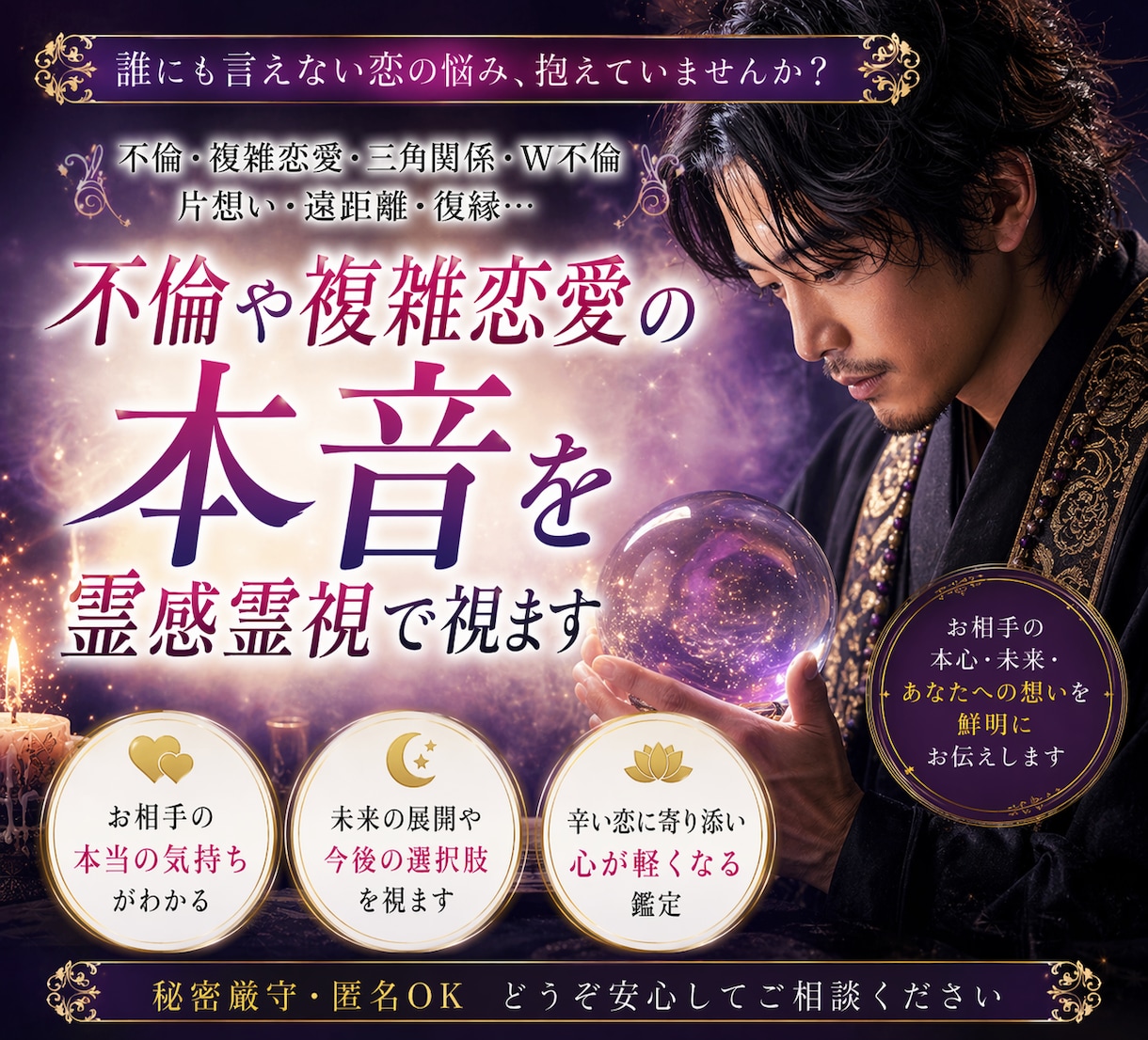 不倫や複雑恋愛の本音を霊感タロットで視ます 不倫・W不倫・複雑恋愛・婚外恋愛どんな恋でも大丈夫 イメージ1