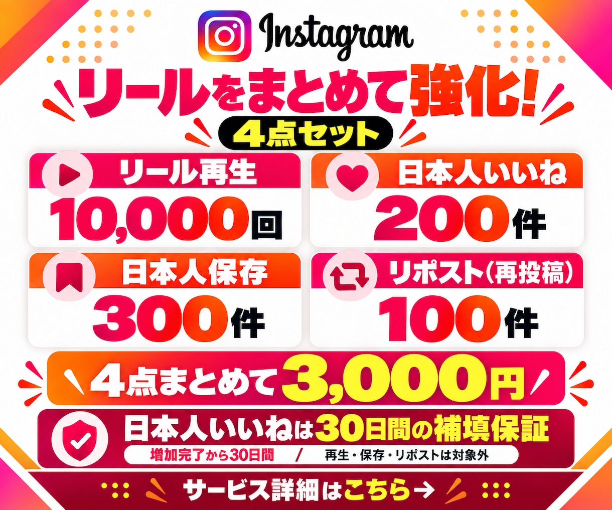 インスタ リール再生・日本いいね・保存を増やします 再生1万＋日本いいね200＋保存300＋再投稿100のセット イメージ1