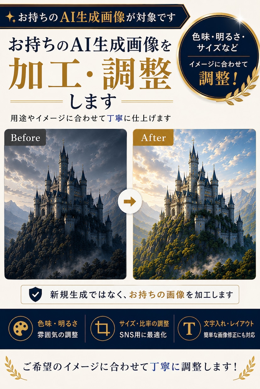 AI生成画像をイメージに合わせて加工・調整します 雰囲気や世界観を大切に、ご希望に合わせて丁寧に仕上げます イメージ1