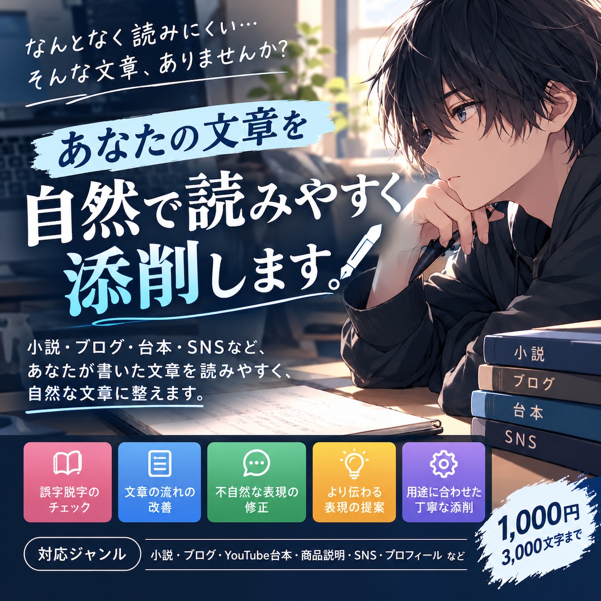 小説・ブログなどの文章を自然で読みやすく添削します 「なんとなく読みにくい｣、を読み手目線で丁寧に添削します。 イメージ1