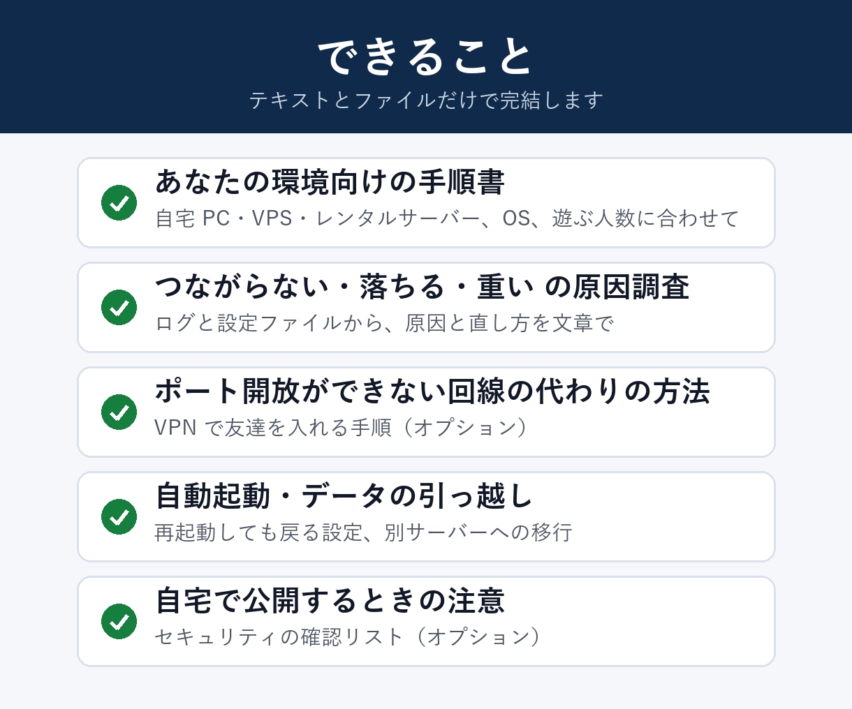 ゲームサーバー構築の手順書を作成します ログインせず、手順書とトラブルの原因をテキストで返します イメージ2